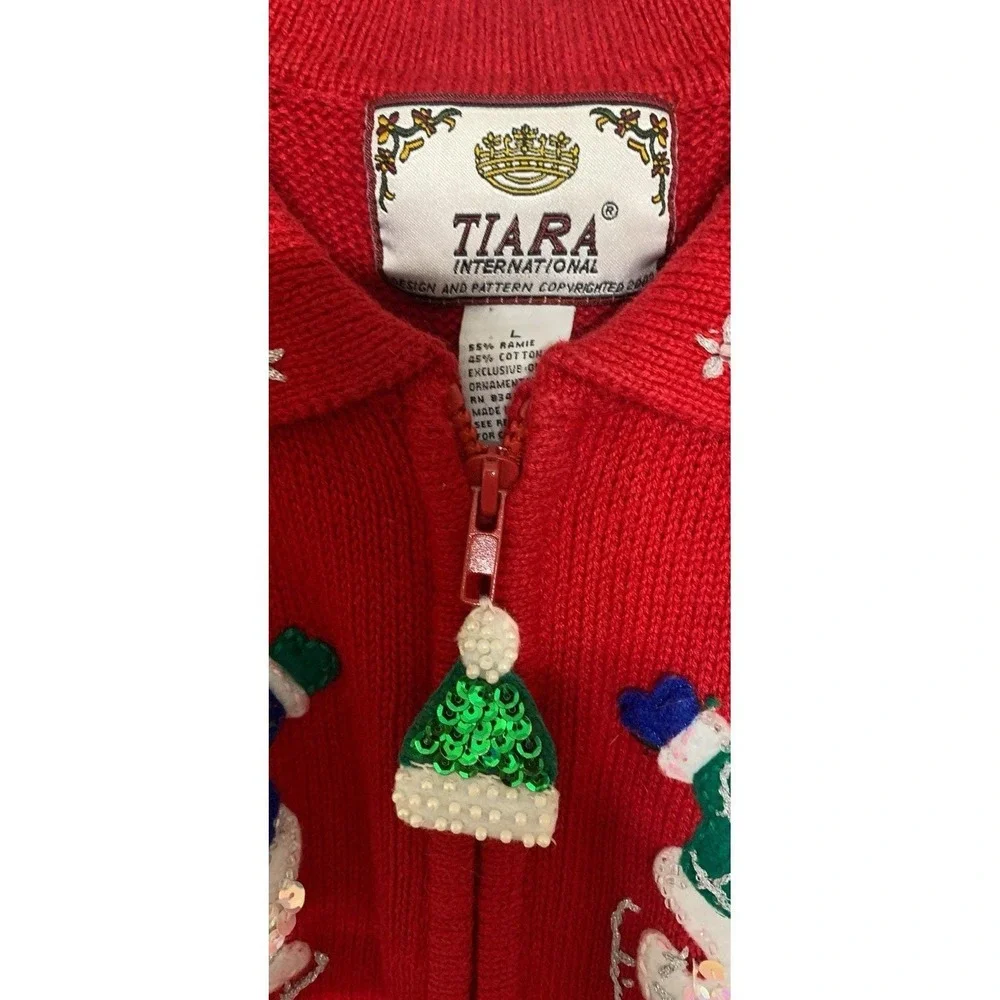 Vintage Tiara International Red Christmas Snowman Zip Up‎ Cardigan Sweater Sz L